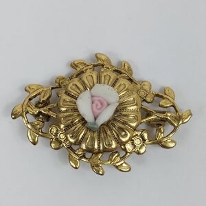Vintage Floral Brooch Art Deco Retro Filigree Porcelain